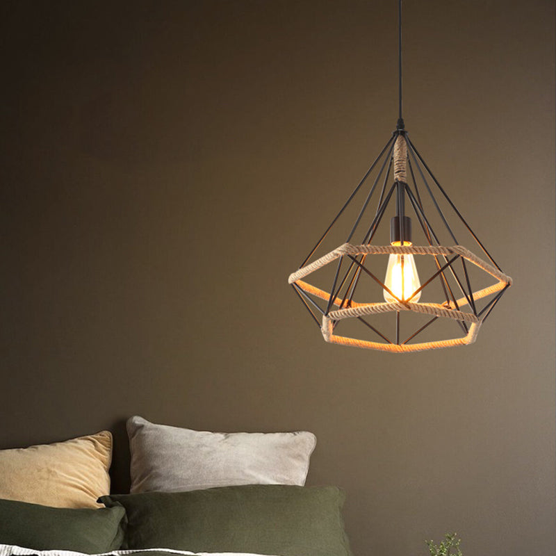 Vlaxen Single-Bulb Hanging Lamp Industrial Style Hemp Rope Caged Lighting Pendant