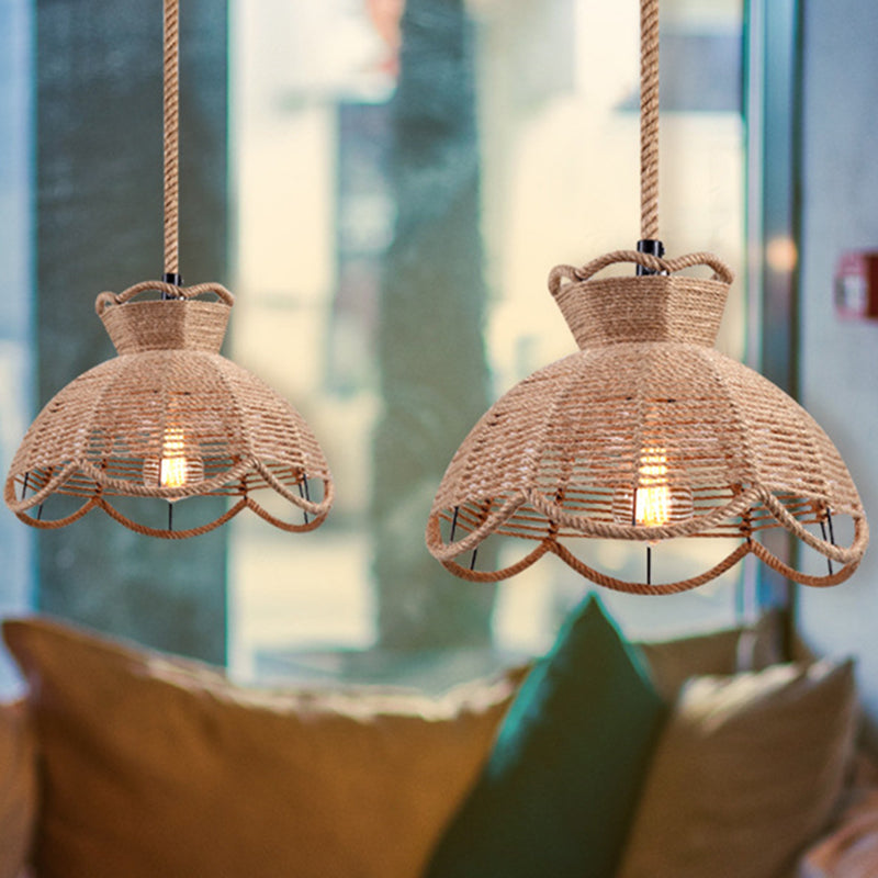 Flaxen Single-Bulb Hanging Lamp Industrial Style Hemp Rope Caged Lighting Pendant