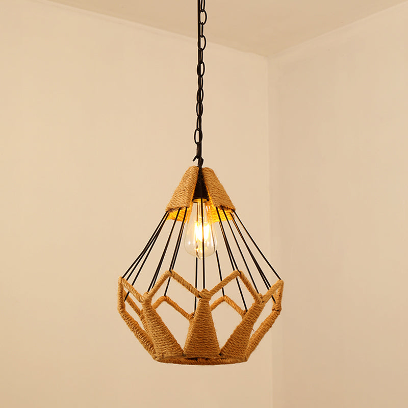 Antique Caged Pendant Light 1-Light Hemp Rope Lighting Pendant in Brown for Restaurant