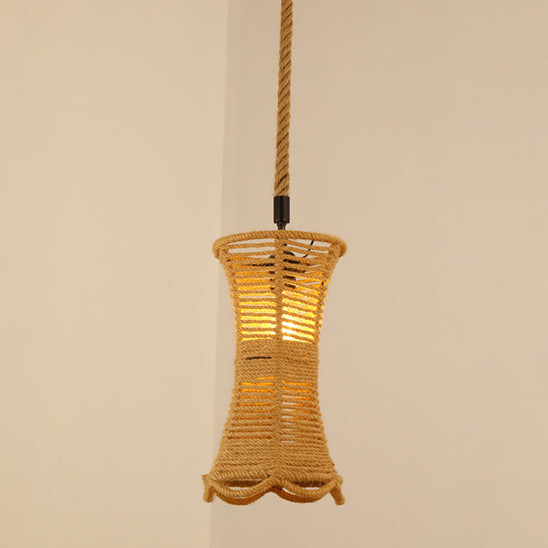 Antique Caged Pendant Light 1-Light Hemp Rope Lighting Pendant in Brown for Restaurant