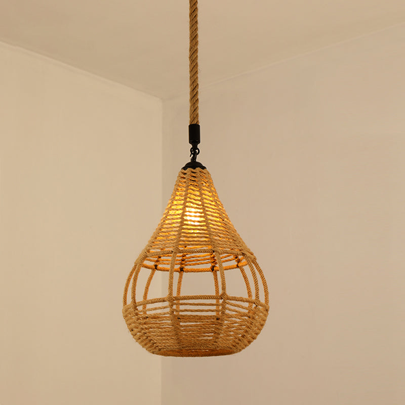 Antique Caged Pendant Light 1-Light Hemp Rope Lighting Pendant in Brown for Restaurant