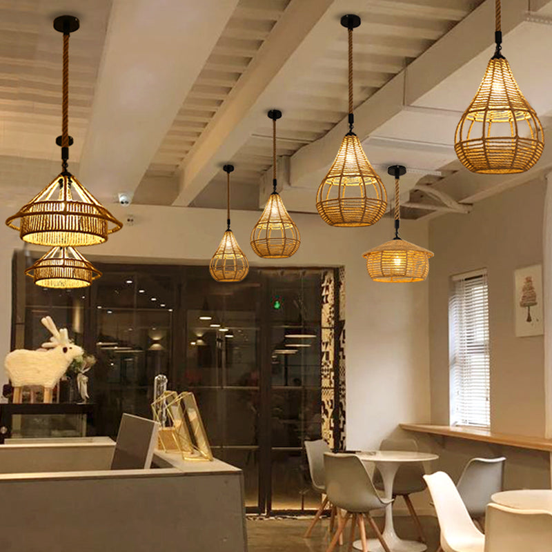 Antiek gekooide hanglamp 1-licht hennep touwverlichting hanger in bruin voor restaurant