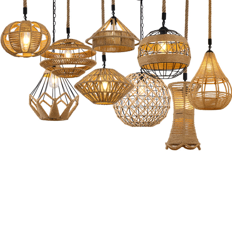 Antique Caged Pendant Light 1-Light Hemp Rope Lighting Pendant in Brown for Restaurant