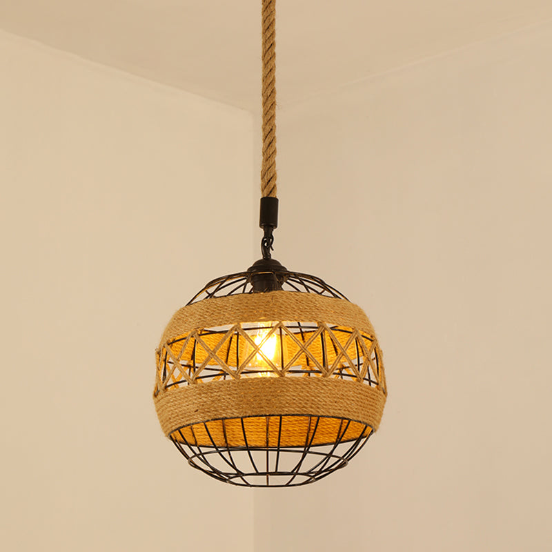 Antique Caged Pendant Light 1-Light Hemp Rope Lighting Pendant in Brown for Restaurant