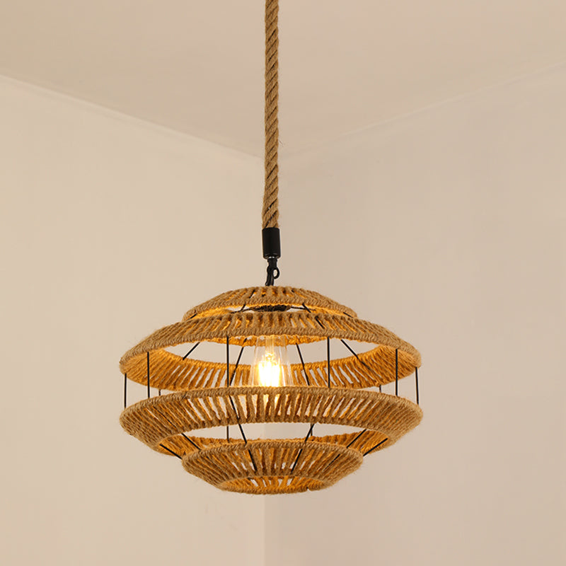 Antique Caged Pendant Light 1-Light Hemp Rope Lighting Pendant in Brown for Restaurant