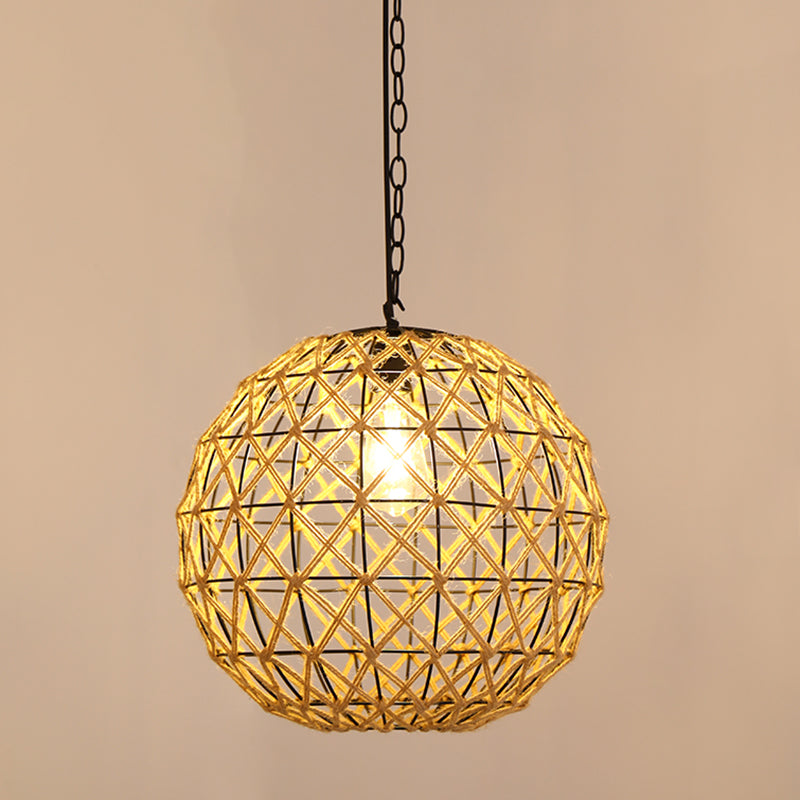 Antique Caged Pendant Light 1-Light Hemp Rope Lighting Pendant in Brown for Restaurant