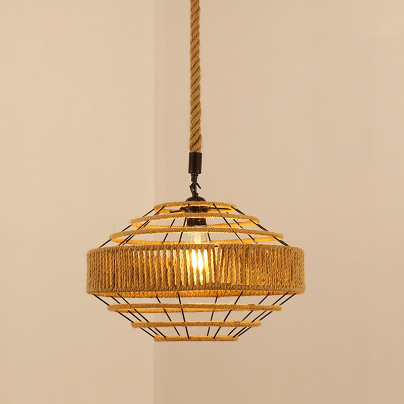 Antique Caged Pendant Light 1-Light Hemp Rope Lighting Pendant in Brown for Restaurant