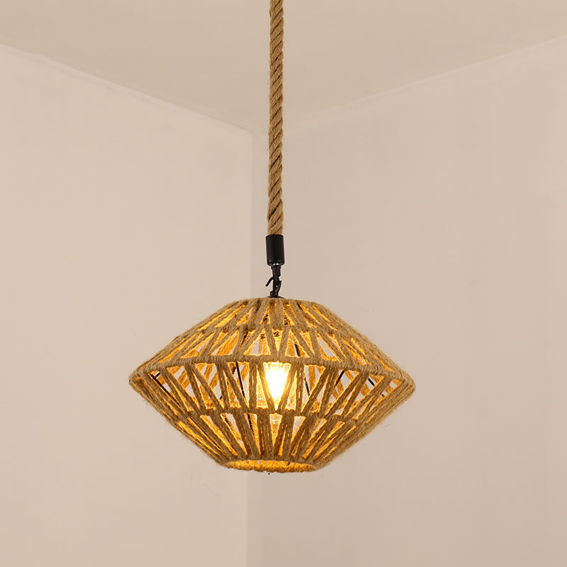 Antique Caged Pendant Light 1-Light Hemp Rope Lighting Pendant in Brown for Restaurant