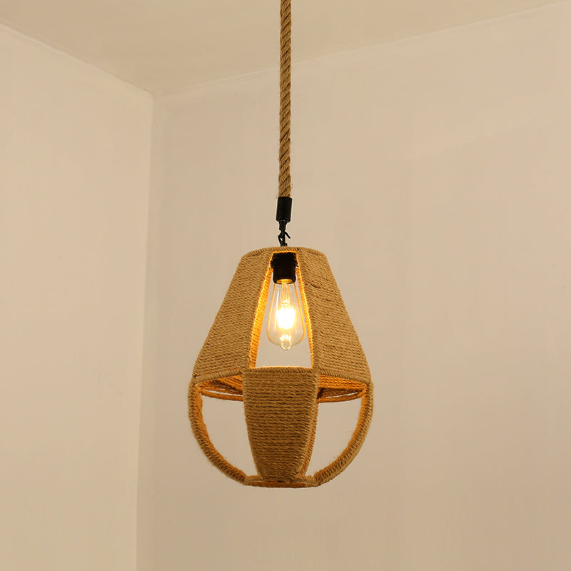 Antique Caged Pendant Light 1-Light Hemp Rope Lighting Pendant in Brown for Restaurant