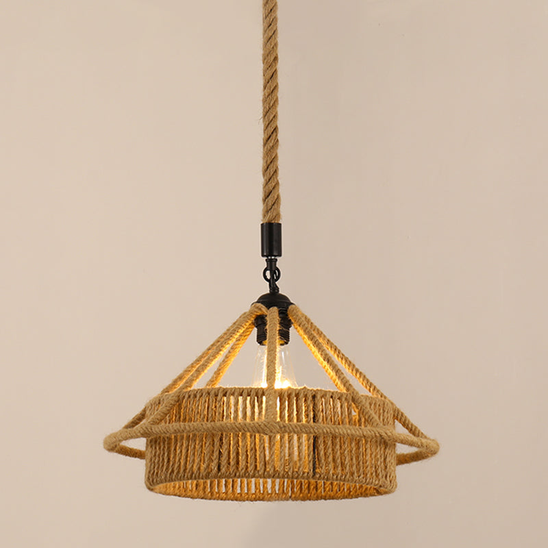 Antique Caged Pendant Light 1-Light Hemp Rope Lighting Pendant in Brown for Restaurant