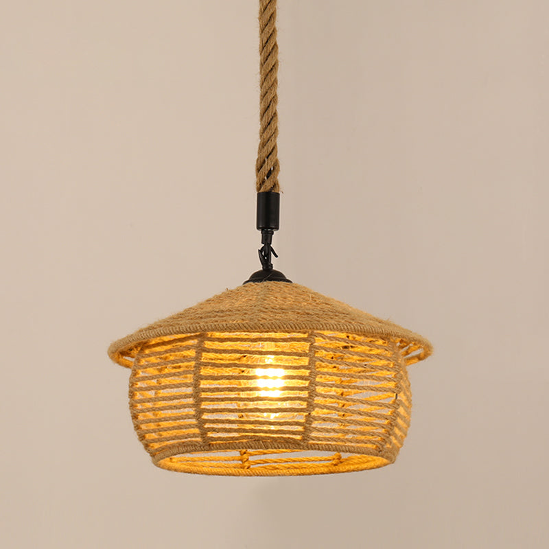 Antique Caged Pendant Light 1-Light Hemp Rope Lighting Pendant in Brown for Restaurant