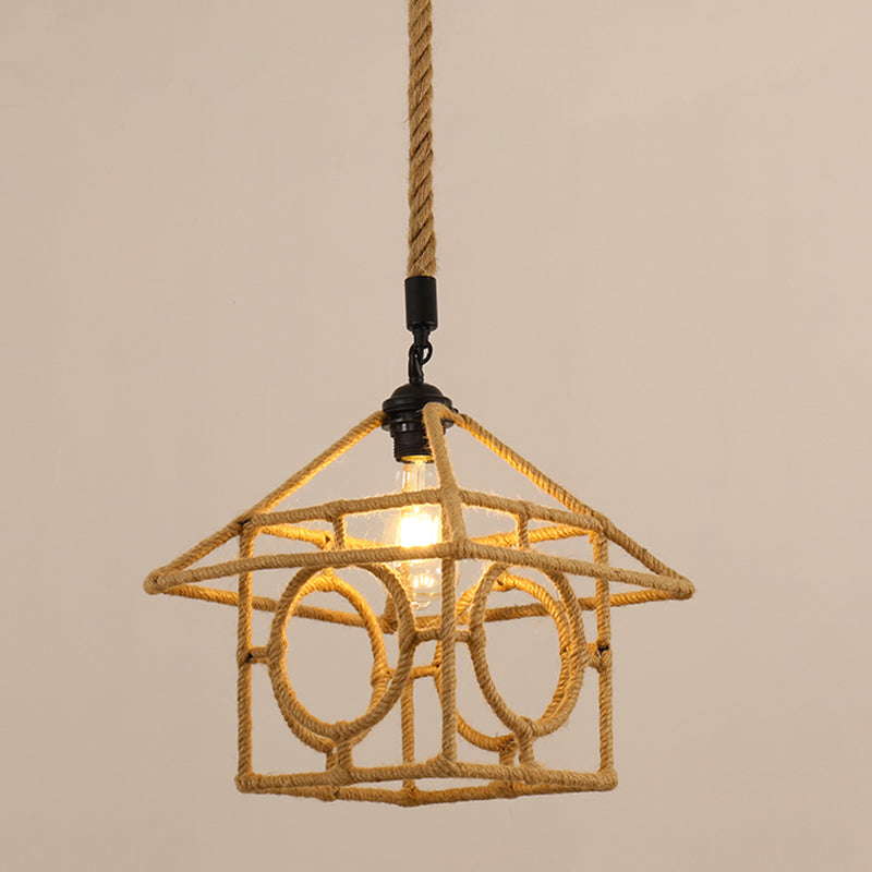 Antique Caged Pendant Light 1-Light Hemp Rope Lighting Pendant in Brown for Restaurant