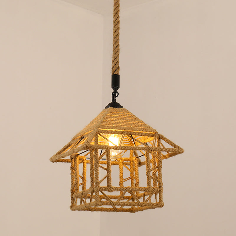 Antique Caged Pendant Light 1-Light Hemp Rope Lighting Pendant in Brown for Restaurant