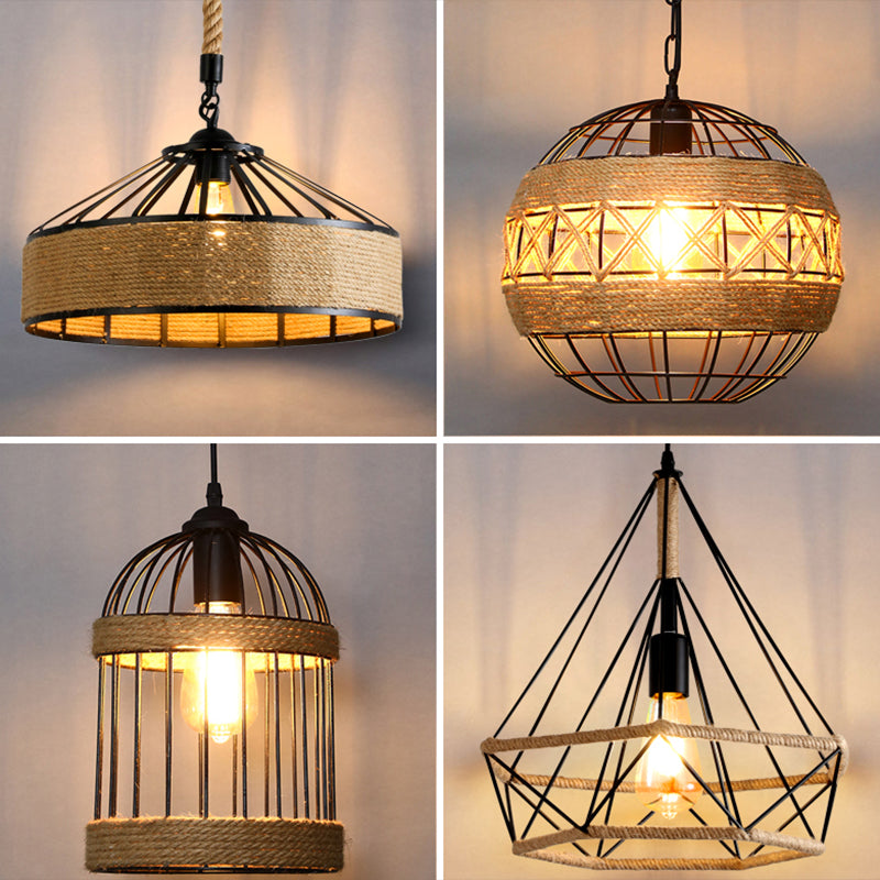 Single Ceiling Light Industrial Geometrical Hemp Rope Hanging Pendant Light in Black