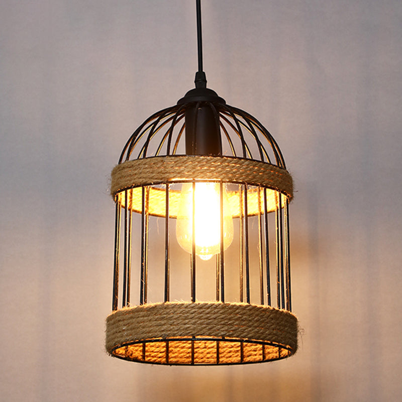 Single Ceiling Light Industrial Geometrical Hemp Rope Hanging Pendant Light in Black