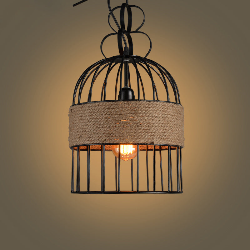 Vintage Birdcage suspendu lampe à un seul bulbe d'éclairage de fer avec corde de chanvre en noir