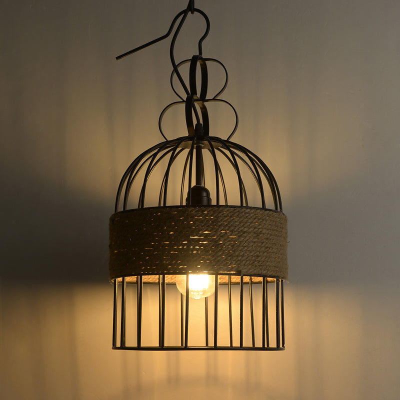 Vintage vogelcage hangende lamp single-bulb ijzerverlichting hanger met henneptouw in zwart