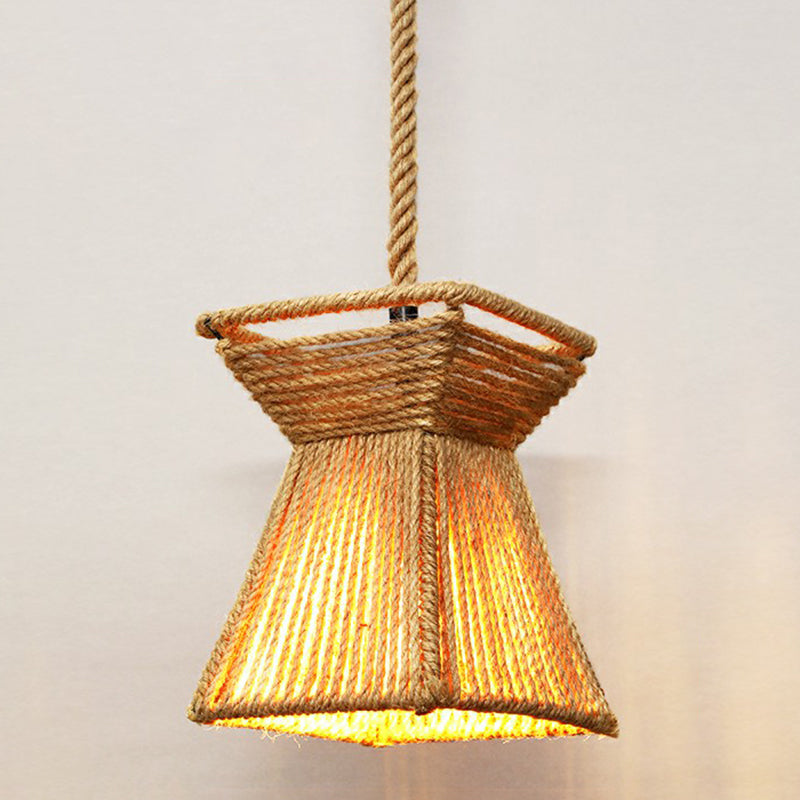 Hemp Rope Caged Hanging Light Rustic 1 Bulb Restaurant Pendant Light Fixture in Brown