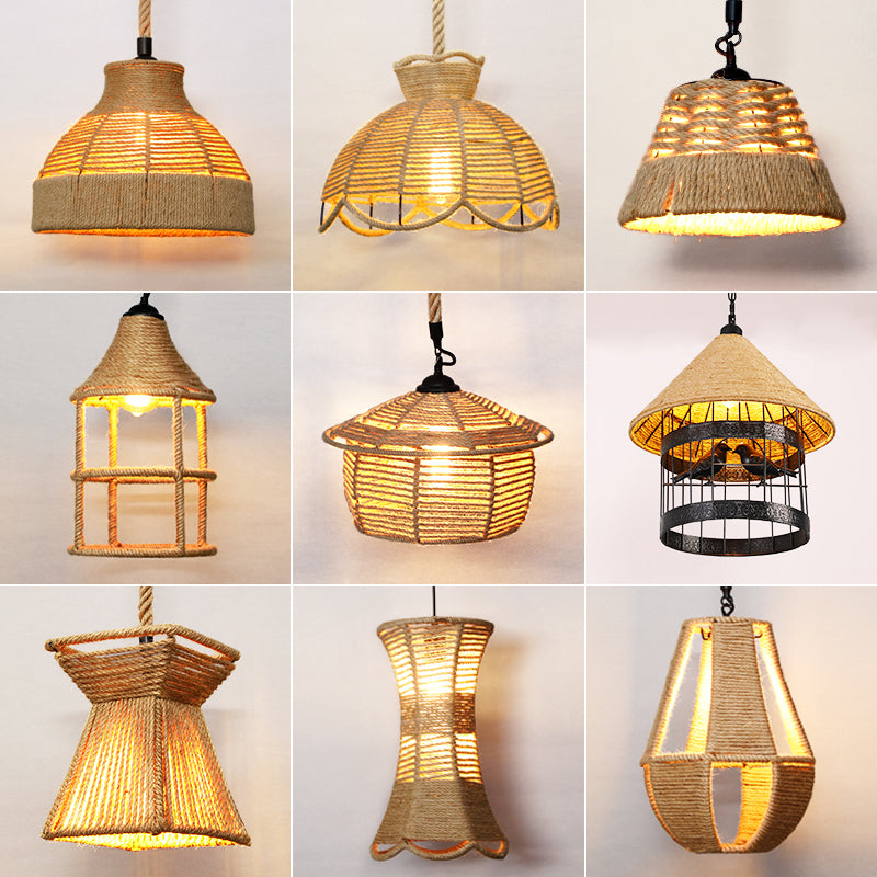 Hemp Rope Caged Hanging Light Rustic 1 Bulb Restaurant Pendant Light Fixture in Brown