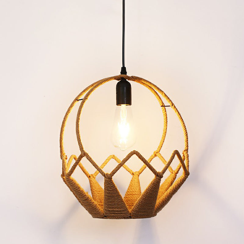 Hemp Rope Caged Hanging Light Rustic 1 Bulb Restaurant Pendant Light Fixture in Brown