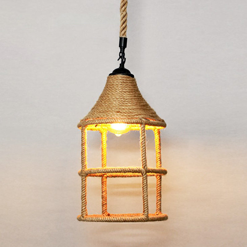 Hemp Rope Caged Hanging Light Rustic 1 Bulb Restaurant Pendant Light Fixture in Brown