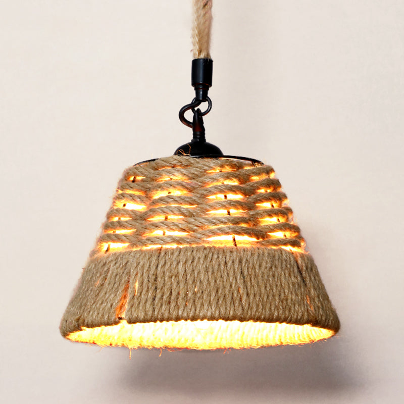 Hemp Rope Caged Hanging Light Rustic 1 Bulb Restaurant Pendant Light Fixture in Brown