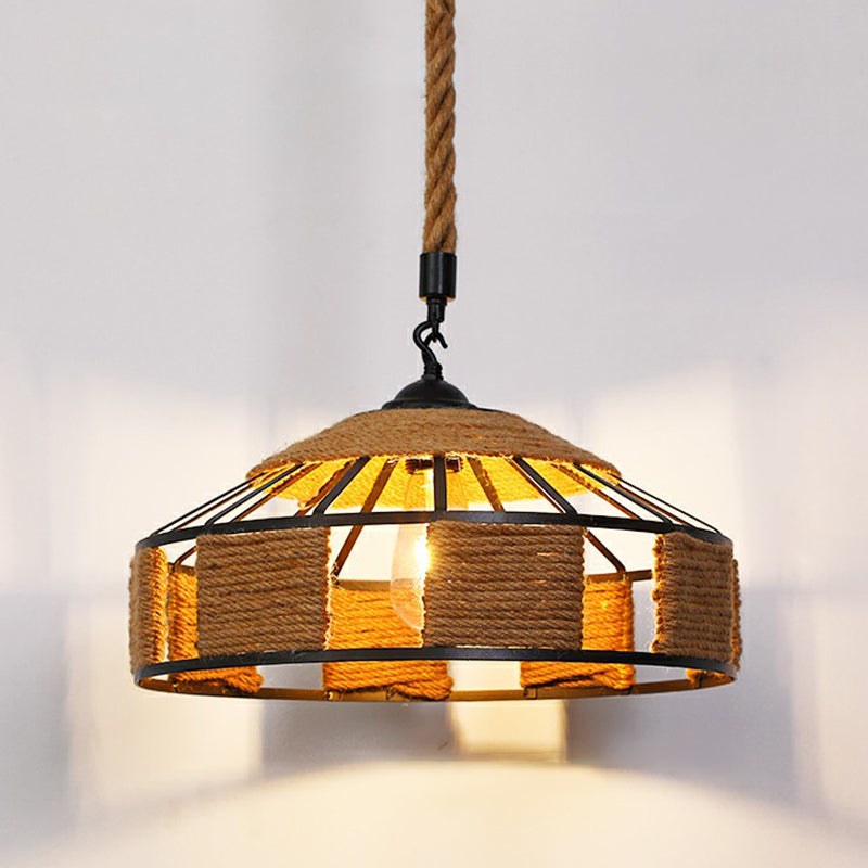 Hemp Rope Caged Hanging Light Rustic 1 Bulb Restaurant Pendant Light Fixture in Brown