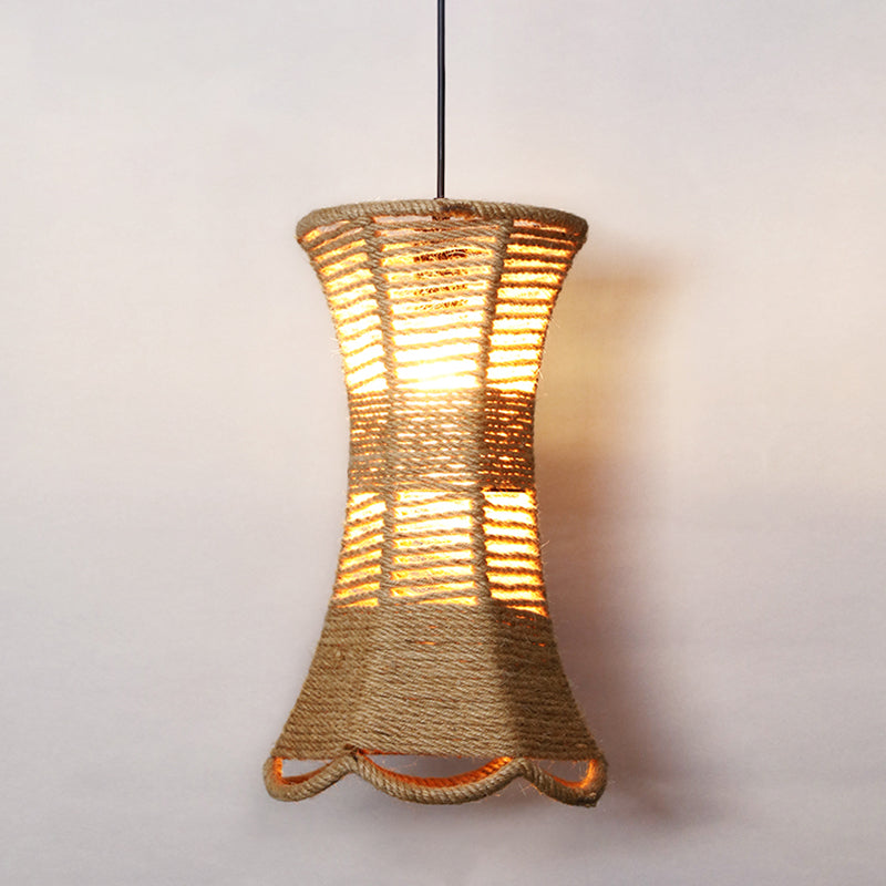 Hemp Rope Caged Hanging Light Rustic 1 Bulb Restaurant Pendant Light Fixture in Brown