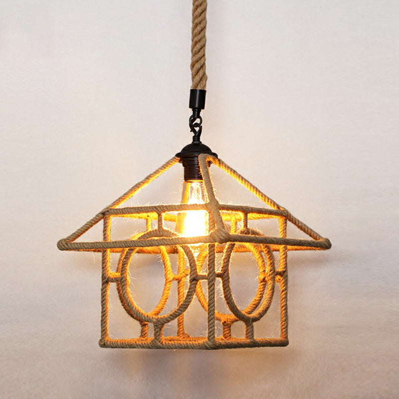 Hemp Rope Caged Hanging Light Rustic 1 Bulb Restaurant Pendant Light Fixture in Brown