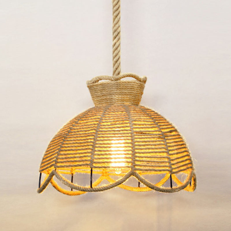 Hemp Rope Caged Hanging Light Rustic 1 Bulb Restaurant Pendant Light Fixture in Brown