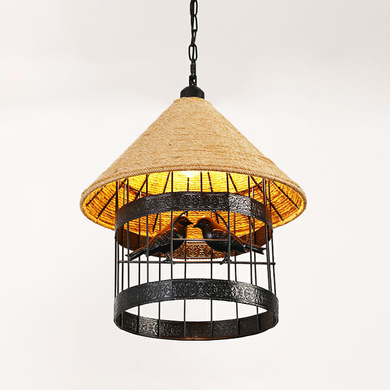 Hemp Rope Caged Hanging Light Rustic 1 Bulb Restaurant Pendant Light Fixture in Brown