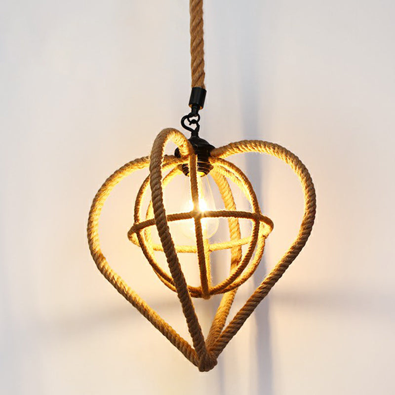 Hemp Rope Caged Hanging Light Rustic 1 Bulb Restaurant Pendant Light Fixture in Brown