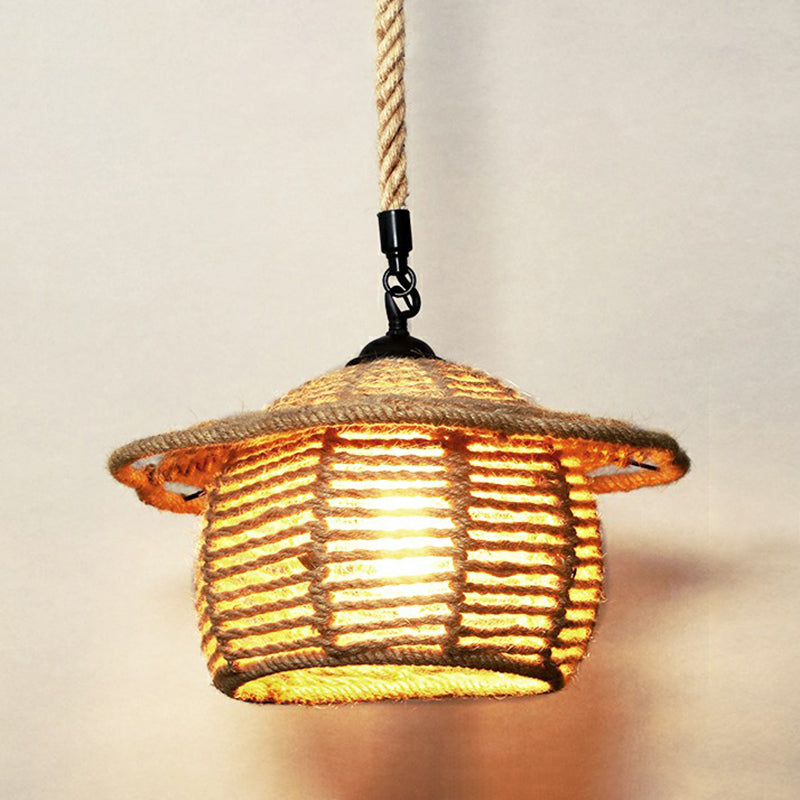 Hemp Rope Caged Hanging Light Rustic 1 Bulb Restaurant Pendant Light Fixture in Brown