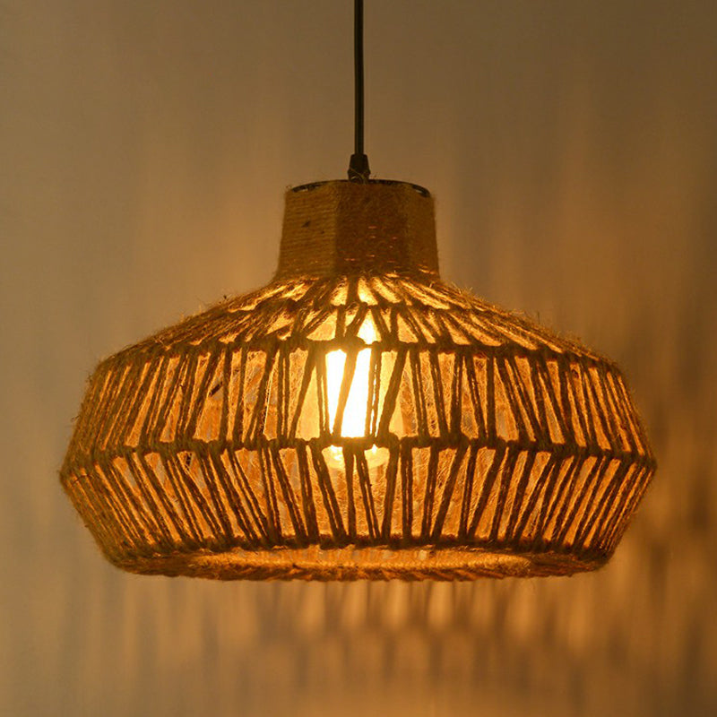 Vintage Style Caged Hanging Light Single-Bulb Hemp Rope Lighting Pendant in Brown