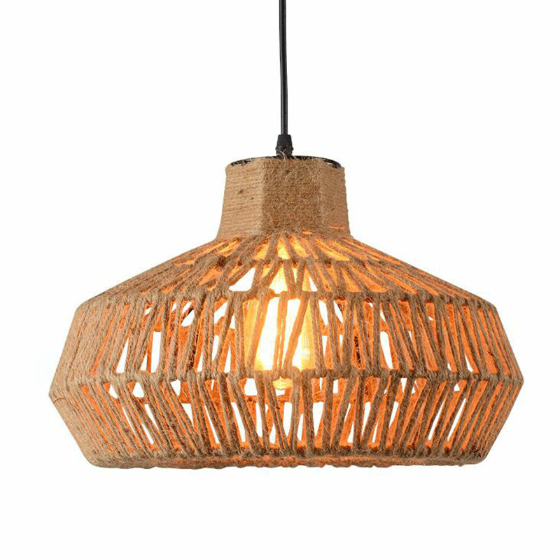 Vintage Style Caged Hanging Light Single-Bulb Hemp Rope Lighting Pendant in Brown