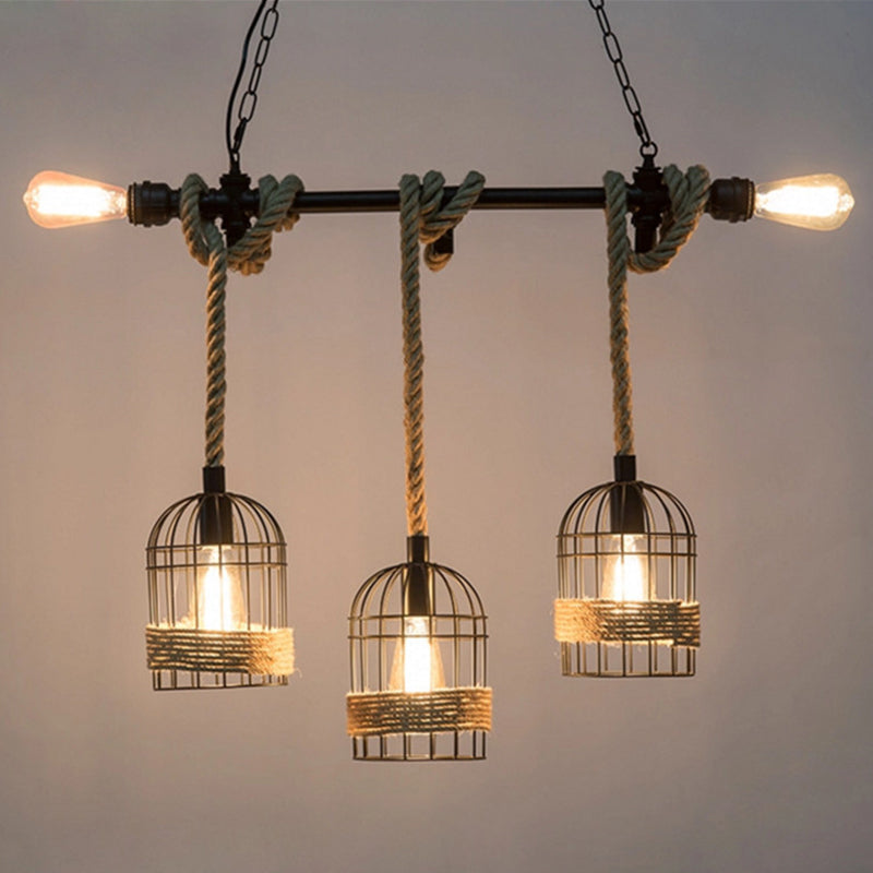 Birdcage Iron Pendant Light Antique Restaurant Hanging Light with Dangling Rope in Black