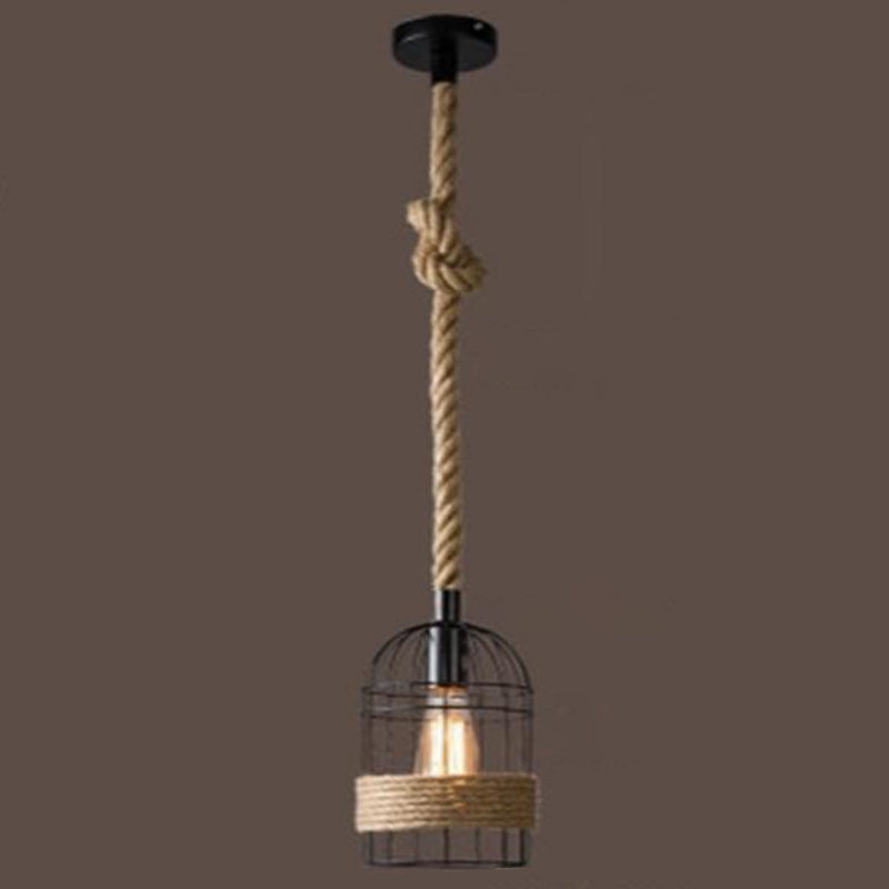 Birdcage Iron Pendant Light Antique Restaurant Hanging Light with Dangling Rope in Black