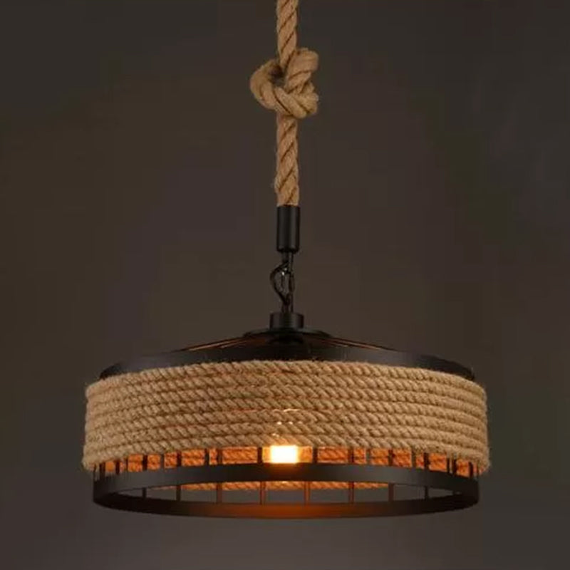 Geometric Metallic Pendant Light Antique 1-Light Restaurant Hanging Light Fixture with Hemp Rope in Brown