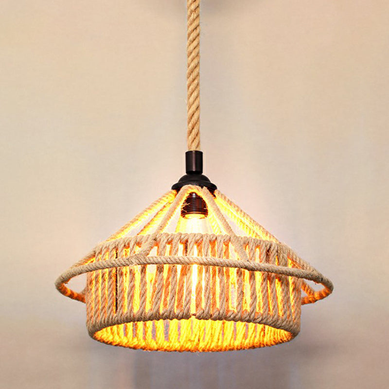 Hemp Rope Shaded Hanging Light Rustic 1 Bulb Restaurant Pendant Light Fixture in Brown