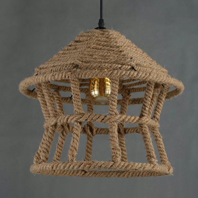 1 Head Suspension Lighting Retro House Shaped Hemp Rope Pendant Ceiling Light in Brown