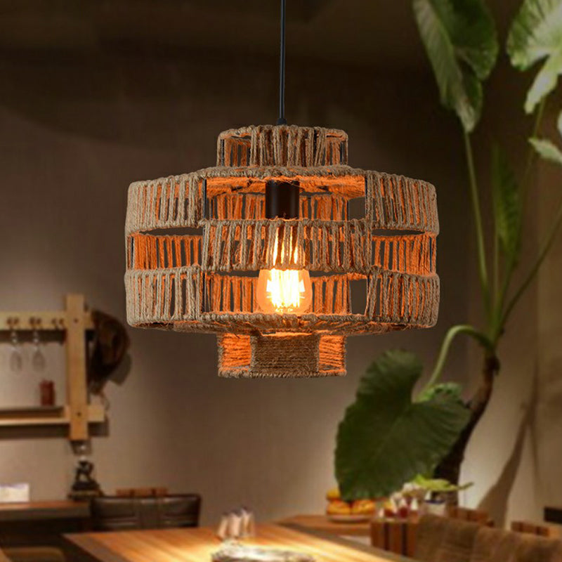 Industrial Lantern Ceiling Light Single Hemp Rope Hanging Pendant Lighting in Brown