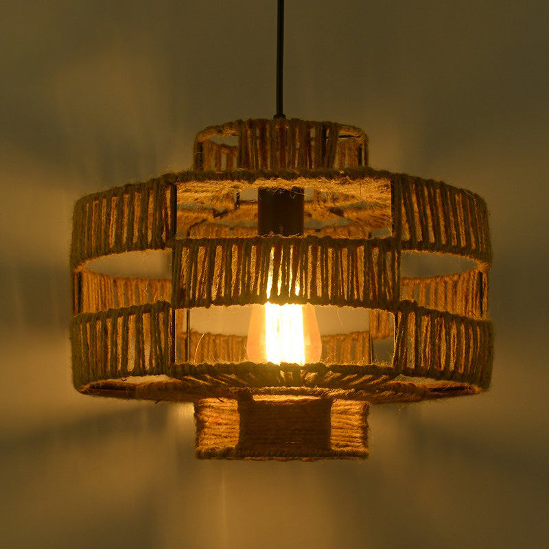 Industrial Lantern Ceiling Light Single Hemp Rope Hanging Pendant Lighting in Brown