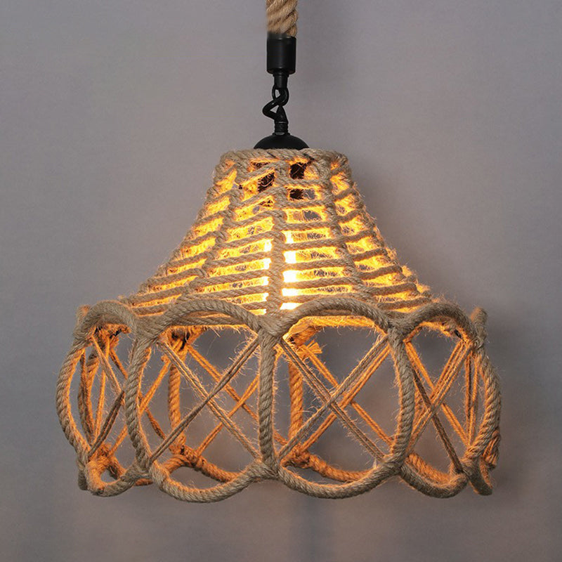 Gewikkeld hennep touwhangende lamp vintage single-bulb restaurantverlichting hanger in bruin