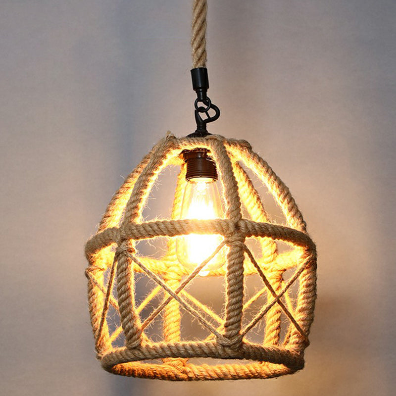 Gewikkeld hennep touwhangende lamp vintage single-bulb restaurantverlichting hanger in bruin