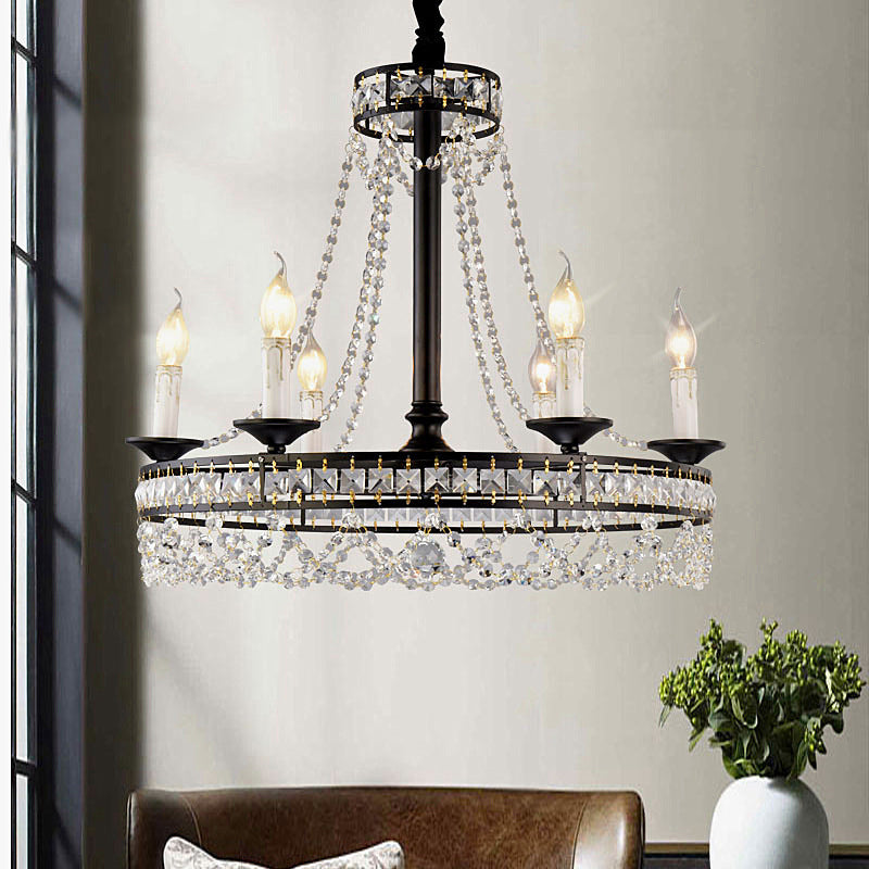 Retro Circular Hanging Chandelier Crystal 4/6/8 Lights Suspension Light in Black