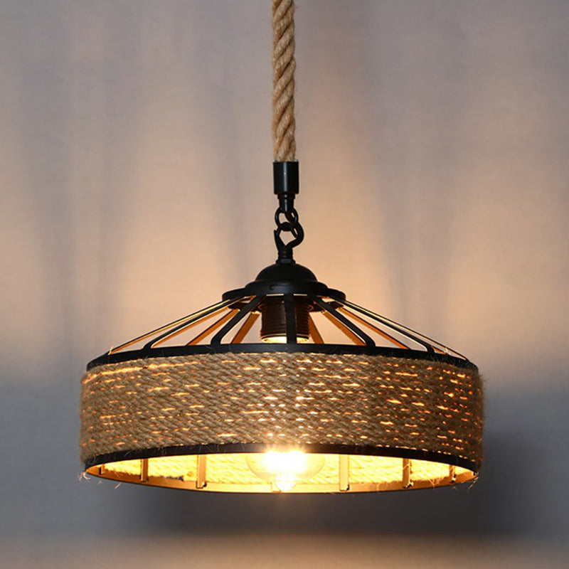 Gewikkeld hennep touwhangende lamp vintage single-bulb restaurantverlichting hanger in bruin