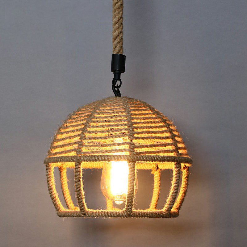 Wrapped Hemp Rope Hanging Lamp Vintage Single-Bulb Restaurant Lighting Pendant in Brown