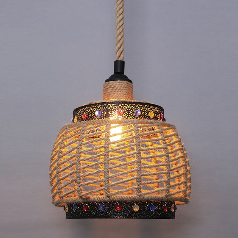 Wrapped Hemp Rope Hanging Lamp Vintage Single-Bulb Restaurant Lighting Pendant in Brown