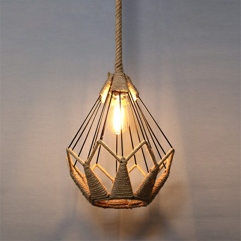 Wrapped Hemp Rope Hanging Lamp Vintage Single-Bulb Restaurant Lighting Pendant in Brown