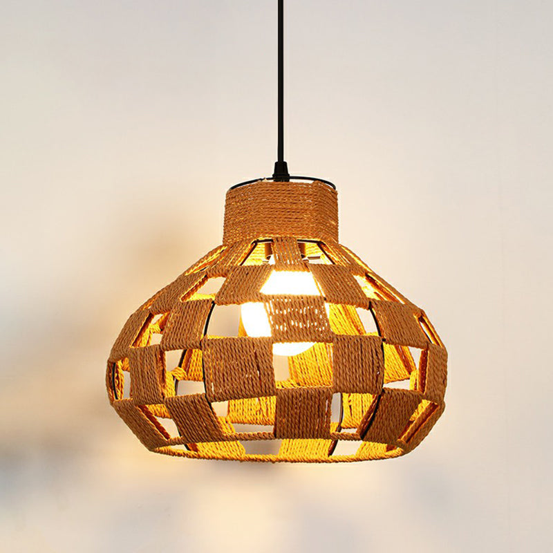 Hemp Rope Shaded Pendant Light Antique 1-Light Restaurant Hanging Light Fixture in Brown